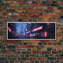 Neon Tokyo Streets, Futuristic Cyberpunk Cityscape Painting Framed Canvas Print, Game Room Decor, Framed Wall Art