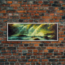 Vintage Style Trees, Forest, Waterfall and Mountain Art, Extra Large Wall Art, Framed Panoramic Canvas Print, Framed Wall Art