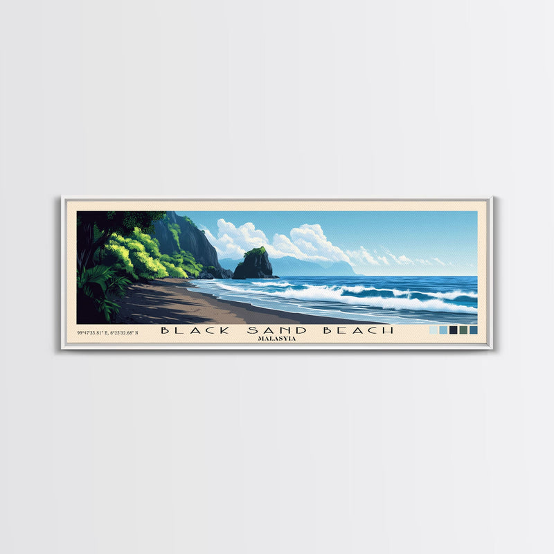 Black Sand Beach, Malasyia Panoramic Beach Print, Vacation Gift, Malasyia Wall Art, Framed Canvas Print, Framed Beach Painting