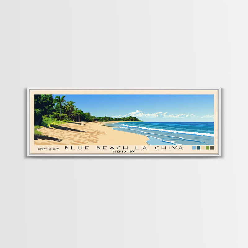 Blue Beach La Chiva, Puerto Rico Panoramic Beach Print, Vacation Gift, Puerto Rico Wall Art, Framed Canvas Print, Framed Beach Painting