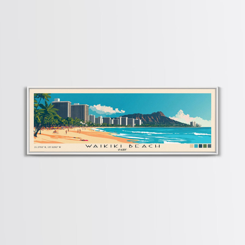 Waikiki Beach, Oahu Panoramic Beach Print, Vacation Gift, Oahu Wall Art, Beach Painting, Beach Decor, Beach Painting