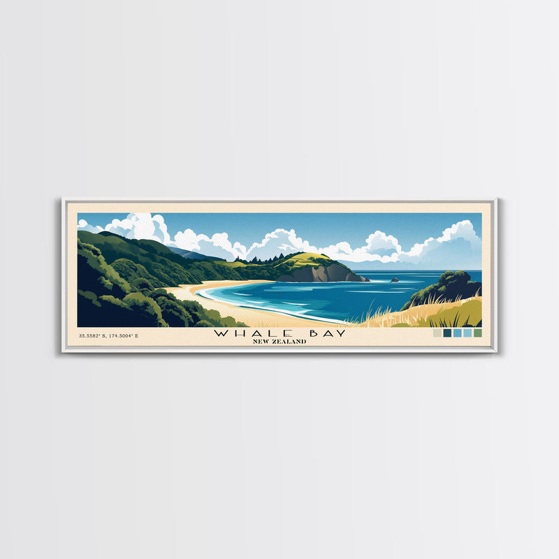 Whale Bay, New Zealand Panoramic Beach Print, Vacation Gift, New Zealand Wall Art, Framed Canvas Print, Framed Beach Painting