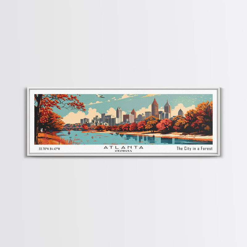 Atlanta Georgia Panoramic Painting, Mid Century Modern Framed Canvas Print, Retro Pop Art Travel Poster, Home Decor, City Wall Art