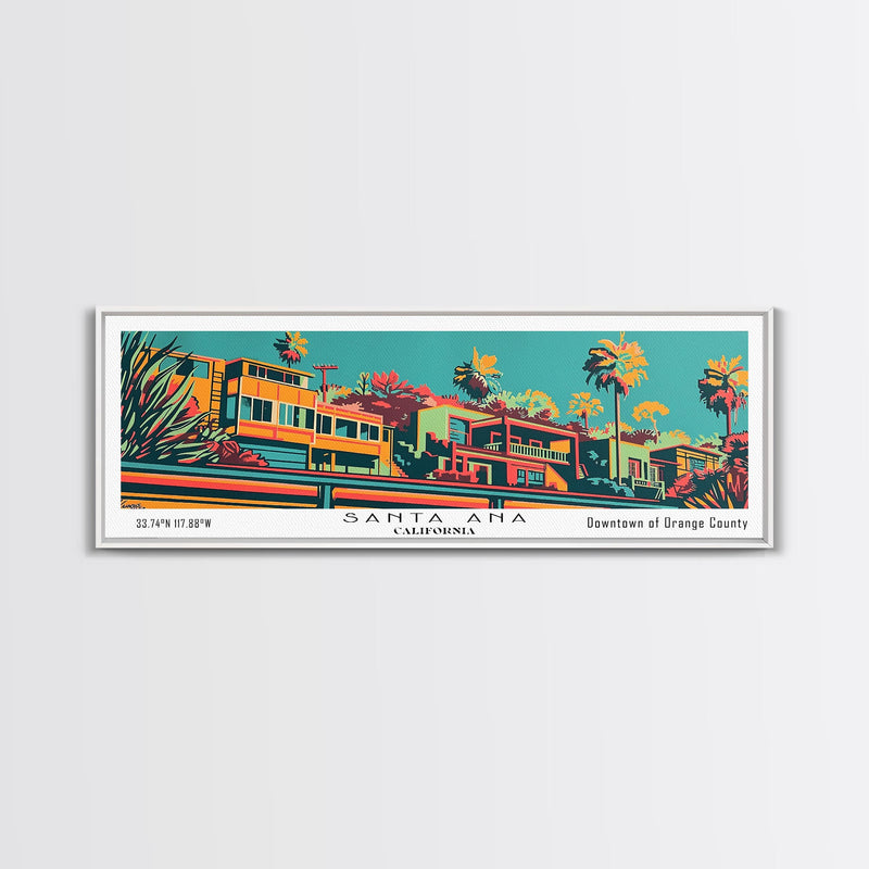 Santa Ana California Panoramic Wall Art Framed Canvas Print, Travel Poster, Mid Century Modern Art, Pop Art Style, Wall Decor, Office Wall Art