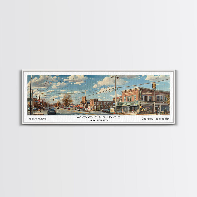 Woodbridge New Jersey Panoramic Painting, Framed Canvas Print, Retro Style Travel Poster, Artistic Wall Art, Unique Home Decor, Office Gift Idea