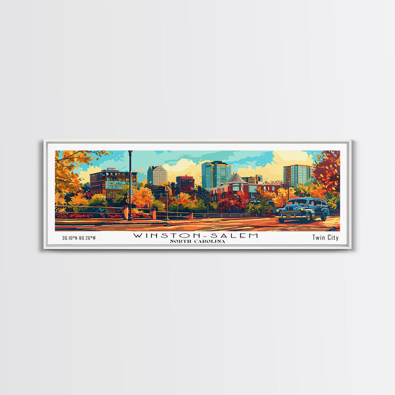 Winston-Salem North Carolina Panoramic Wall Art, Retro Pop Art Framed Canvas Print, Mid Century Modern Travel Poster, Wall Hanging