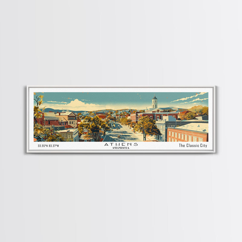 Athens Georgia Panoramic Painting, Mid Century Modern Framed Canvas Print, Retro Pop Art Travel Poster, Living Room Wall Art Decor, City Print