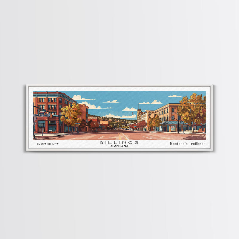 Billings Montana Panoramic Painting, Mid Century Modern Framed Canvas Print, Retro Pop Art Travel Poster, Living Room Wall Art, City Art