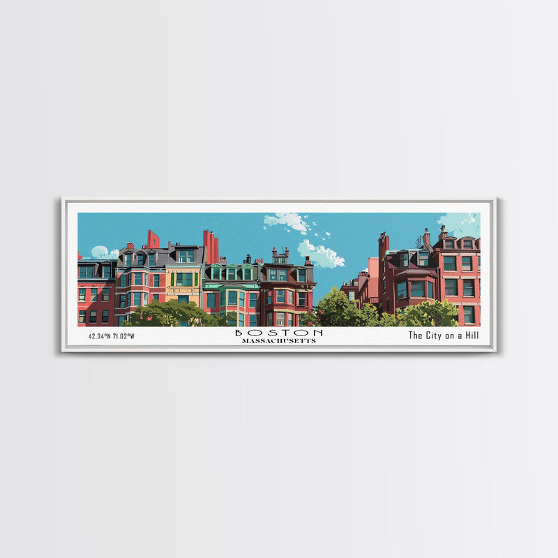 Boston Massachusetts Panoramic Painting, Mid Century Modern Framed Canvas Print, Retro Pop Art Travel Poster, Home Decor, City Art