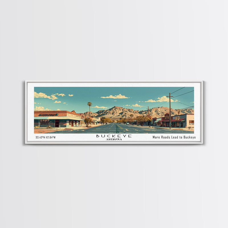 Buckeye Arizona Panoramic Painting, Mid Century Modern Framed Canvas Print, Retro Pop Art Travel Poster, Office Wall Art Decor, City Print