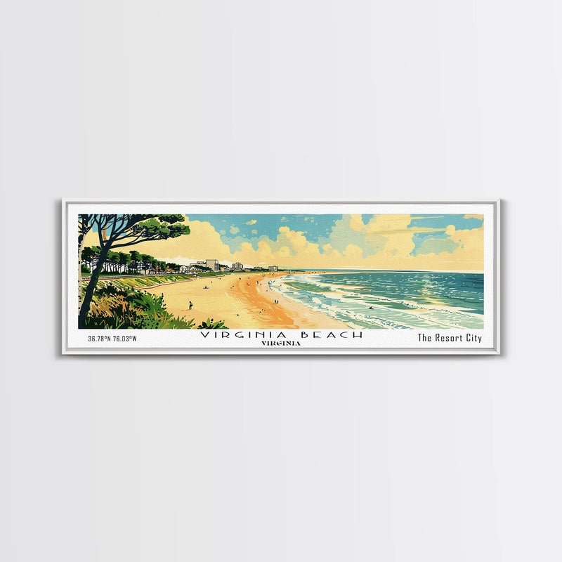 Virginia Beach Virginia Panoramic Painting, Mid Century Modern Framed Canvas Print, Retro Pop Art Travel Poster, Office Wall Art, Home Decoration