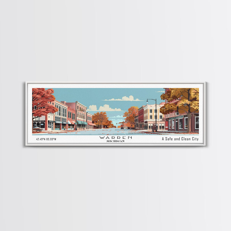 Warren Michigan Panoramic Painting, Mid Century Modern Framed Canvas Print, Retro Pop Art Travel Poster, Office Wall Art, Home Decoration