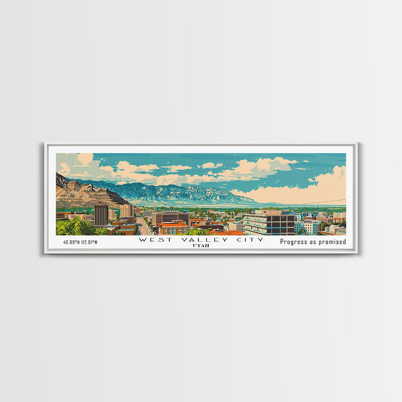 West Valley City Utah Panoramic Painting, Mid Century Modern Framed Canvas Print, Retro Pop Art Travel Poster, Office Wall Art, Home Decoration