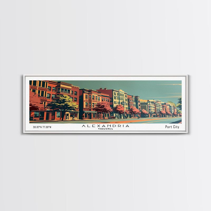 Alexandria Virginia Panoramic Painting, Framed Canvas Print, Mid Century Modern Wall Art, Retro Pop Art Travel Poster, Living Room Decor, City Art