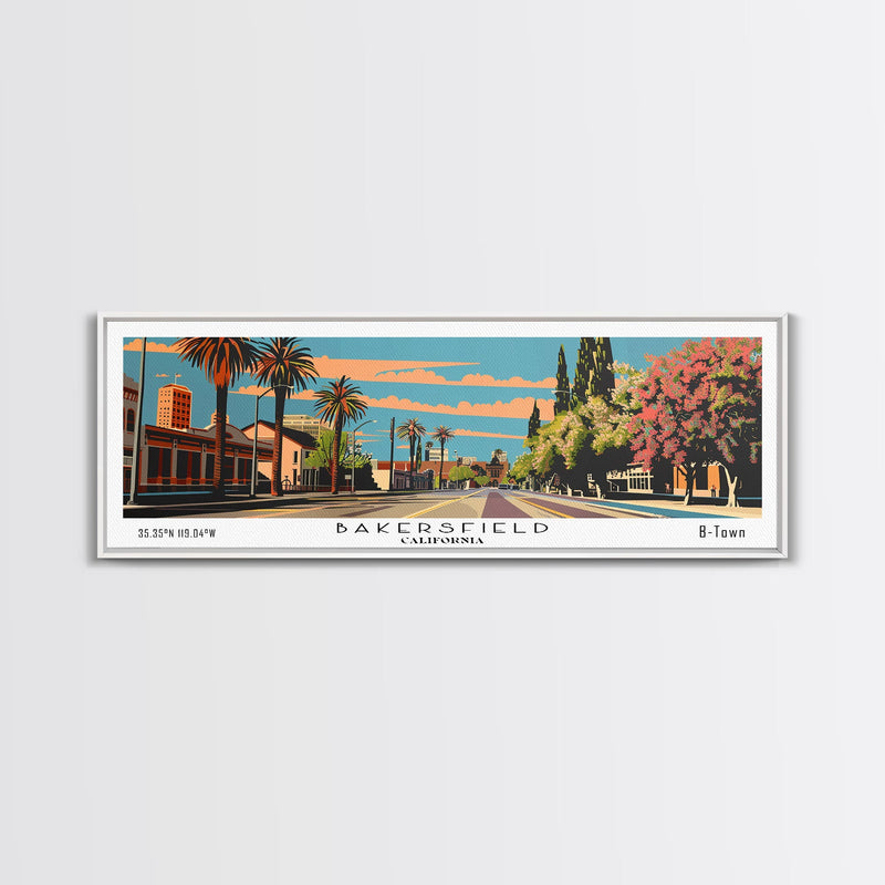 Bakersfield California Panoramic Painting, Framed Canvas Print, Mid Century Modern Wall Art, Retro Pop Art Travel Poster, Living Room Decor, City Art