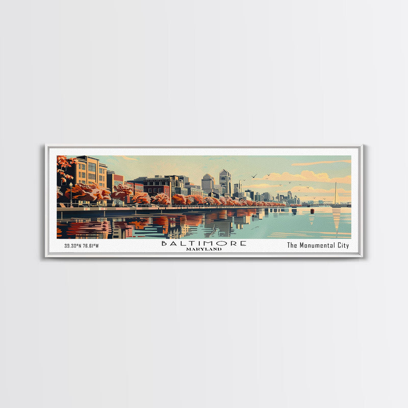 Baltimore Maryland Panoramic Painting, Framed Canvas Print, Mid Century Modern Wall Art, Retro Pop Art Travel Poster, Office Decor, City Art