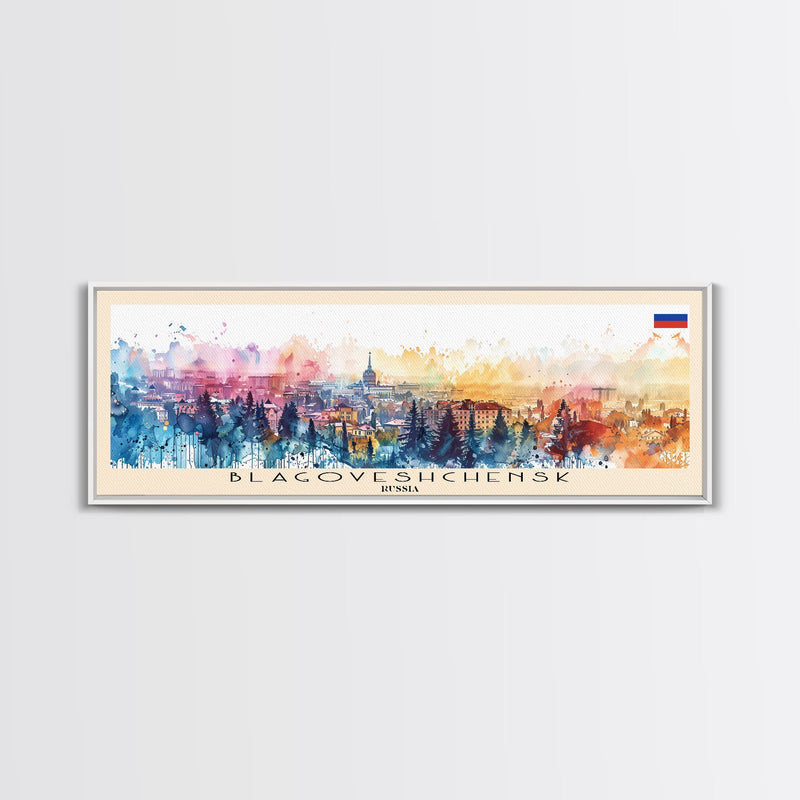 Blagoveshchensk Russia Travel Art, City Art, Framed Canvas Print or Metal Wall Art, Europe Travel Poster, Panoramic Wall Art, Extra Wide Wall Art