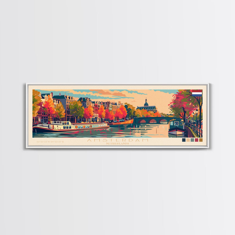 Amsterdam Netherlands Travel Art, City Art, Framed Canvas Print or Metal Wall Art, Europe Travel Poster, Panoramic Wall Art, Extra Wide Wall Art