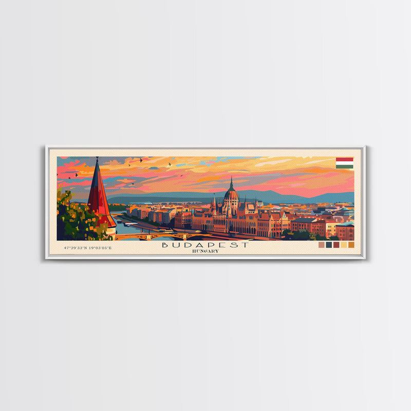 Budapest Hungary Travel Art, City Art, Framed Canvas Print or Metal Wall Art, Europe Travel Poster, Panoramic Wall Art, Extra Wide Wall Art