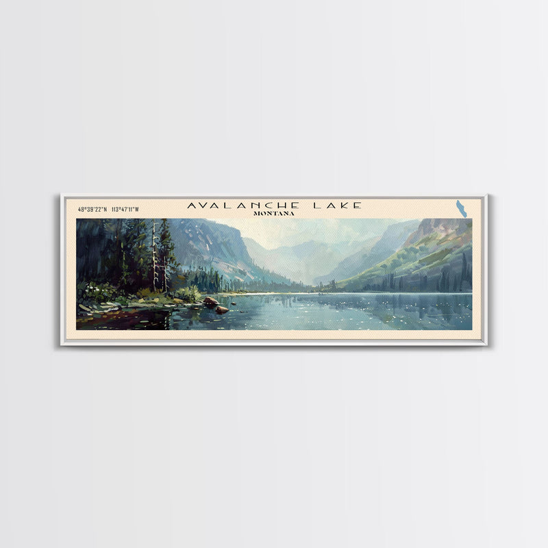 Avalanche Lake Montana Panoramic Framed Canvas Print, Lake House Art, Boho Decor, Travel Poster, Nature Wall Art, Serene Scene