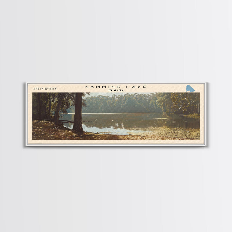 Banning Lake Indiana Framed Canvas Print, Lake House Decor, Panoramic Scenic Painting, Travel Poster, Rustic Art, Nature Wall Art