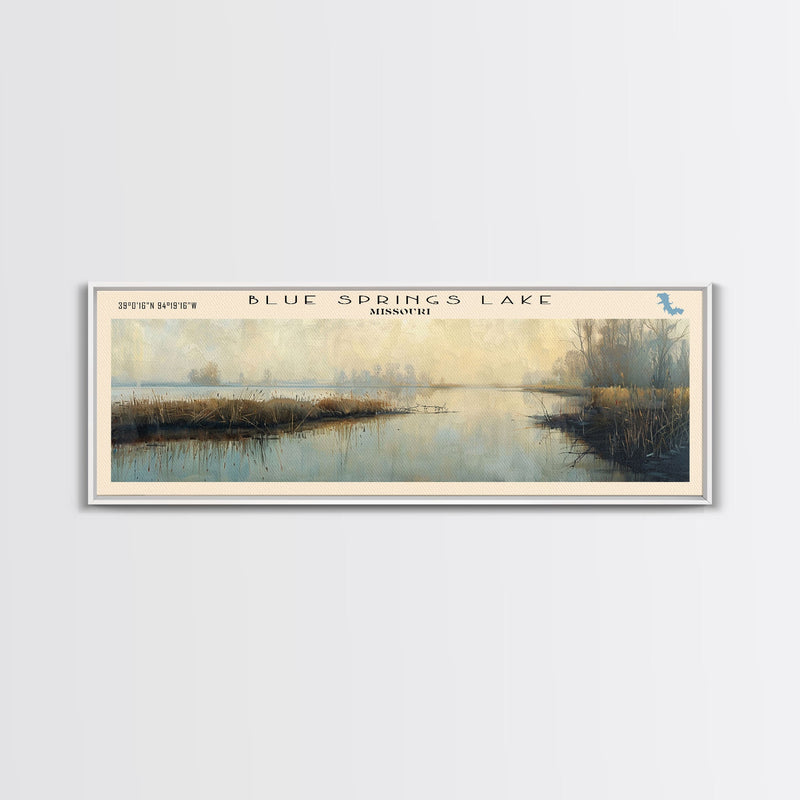 Blue Springs Lake Missouri Framed Canvas Print, Lake House Art, Panoramic Scenic View, Travel Poster, Minimalist Art, Lake Painting