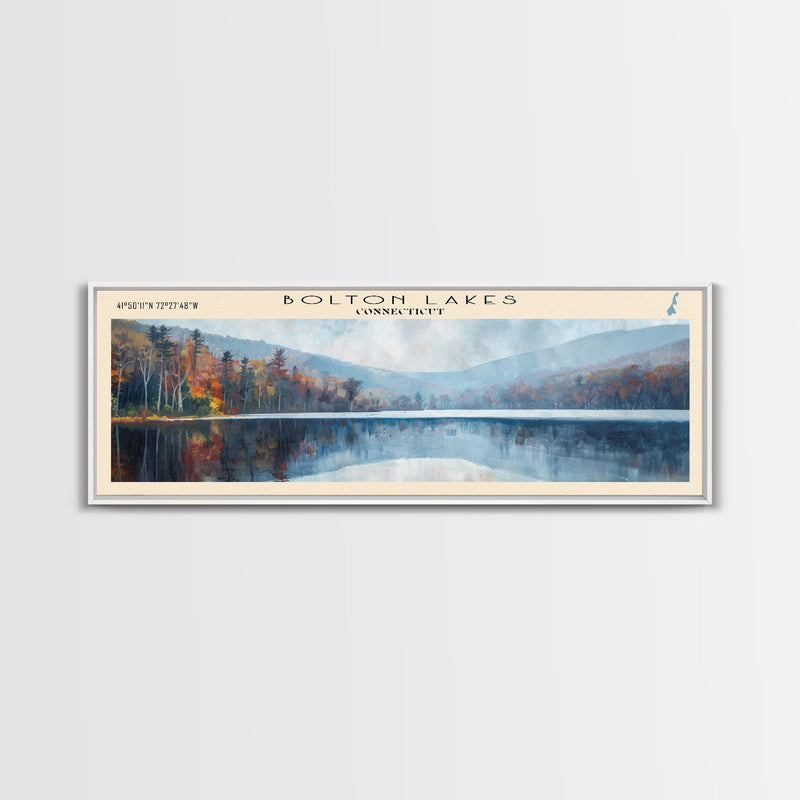 Bolton Lakes Connecticut Framed Canvas Print, Panoramic Lake House Art, Scenic View, Travel Poster, Modern Art, Lake Painting