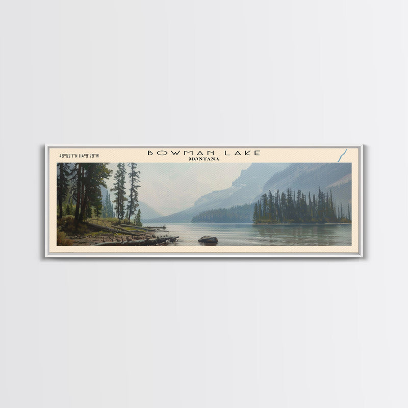 Bowman Lake Montana Framed Canvas Print, Panoramic Lake House Decor, Wall Art, Travel Poster, Rustic Lake Painting, Nature Art