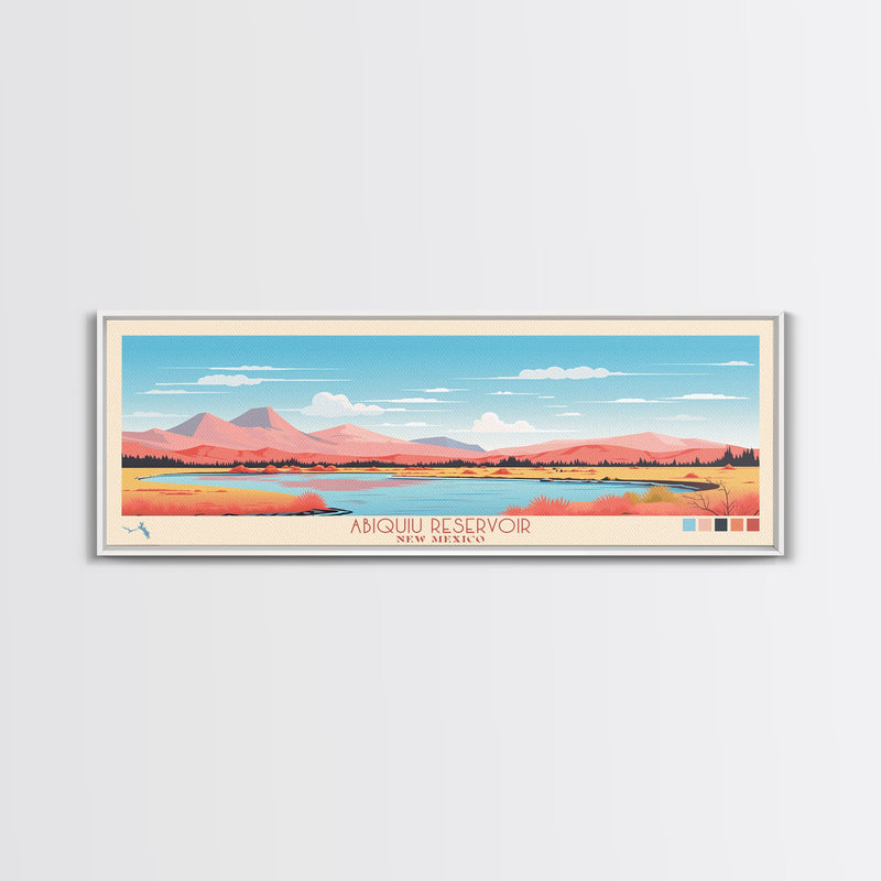 Abiquiu Reservoir New Mexico Framed Canvas Print, Panoramic Wall Art, Midcentury Modern, Pop Art, Travel Poster, Living Room Art