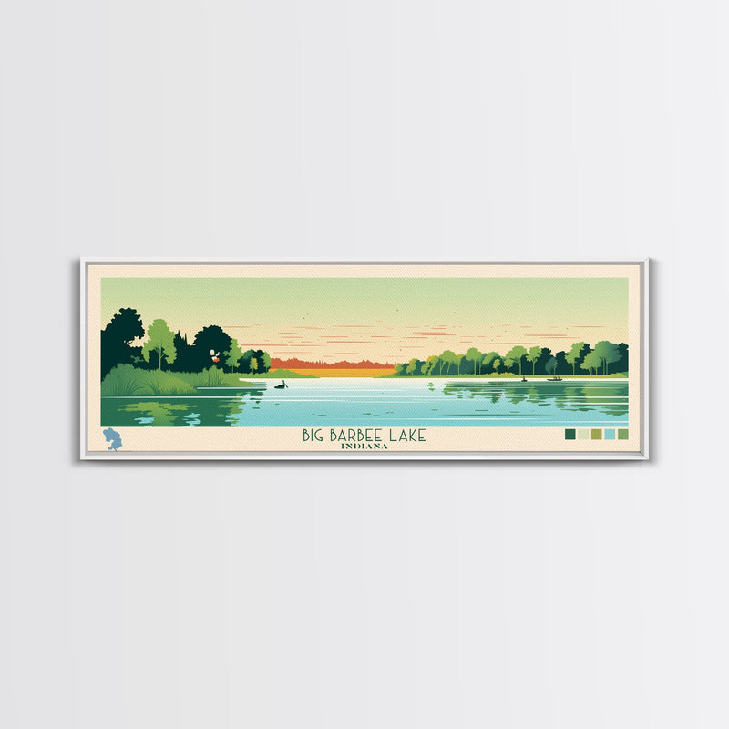 Big Barbee Lake Indiana Framed Canvas Print, Panoramic Travel Poster, Midcentury Modern Wall Art, Pop Art, Nature Living Room Art, Lake House Decor