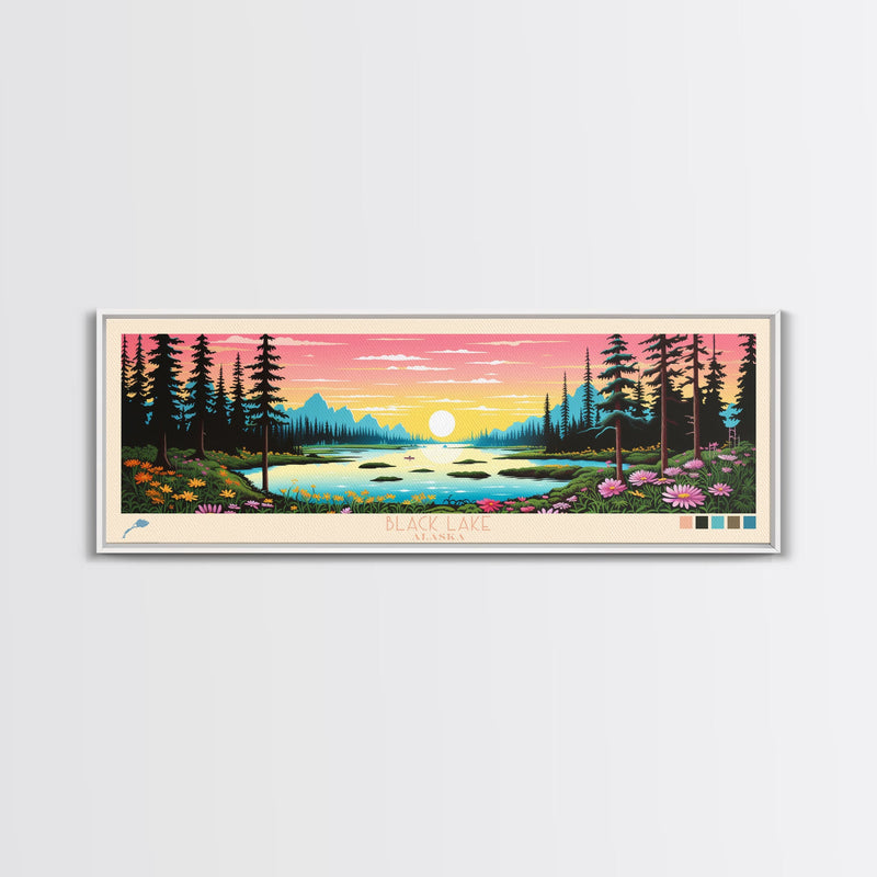 Black Lake Southwest Alaska Framed Canvas Print, Panoramic Travel Poster, Midcentury Modern Wall Art, Pop Art, Nature Bedroom Decor, Scenic Lake House Art