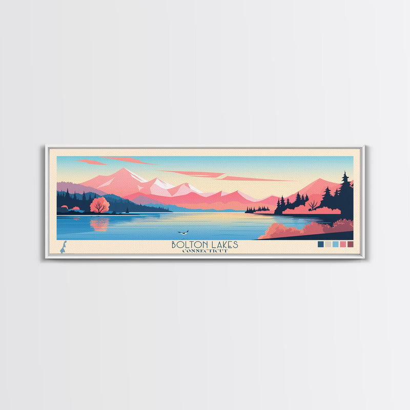 Bolton Lakes Connecticut Framed Canvas Print, Panoramic Wall Art, Midcentury Modern, Pop Art, Travel Poster, Scenic Living Room Art, Lake House Decor