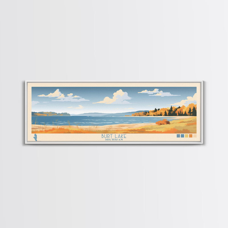 Burt Lake Michigan Framed Canvas Print, Pop Art Panoramic Travel Poster, Midcentury Modern, Wall Art, Scenic Nature Painting, Bedroom Decor