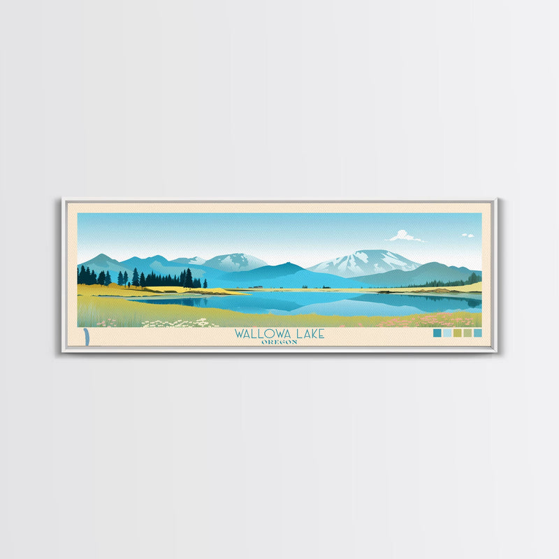 Wallowa Lake, Oregon Framed Canvas Print, Panoramic Lake House Art, Midcentury Modern Decor, Pop Art, Travel Poster, Living Room Wall Art