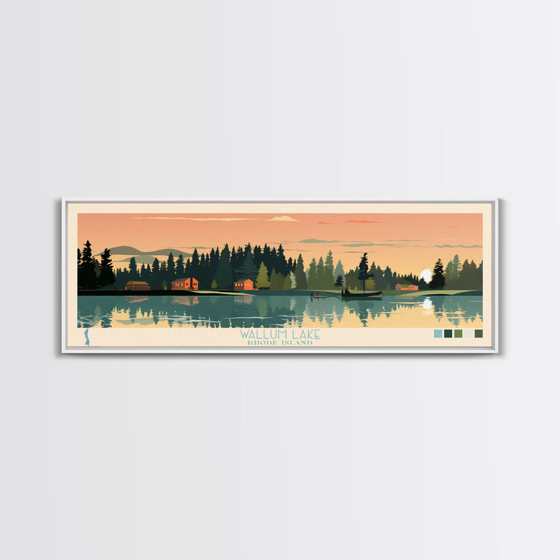 Wallum Lake, Rhode Island Framed Canvas Print, Panoramic Lake House Art, Midcentury Modern Decor, Pop Art, Travel Poster, Living Room Wall Art