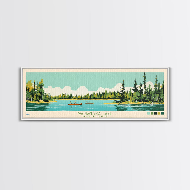 Wapawekka Lake, Saskatchewan Framed Canvas Print, Panoramic Lake House Decor, Midcentury Modern Art, Pop Art, Travel Poster, Bedroom Wall Art