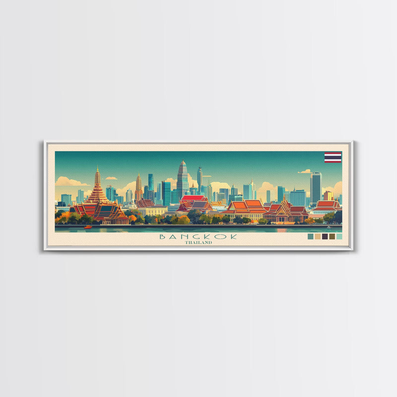 Bangkok, Thailand Travel Poster Panoramic Canvas Print, Bangkok, Thailand Painting, Thailand Art, Bangkok Travel Art, Guest Room Painting