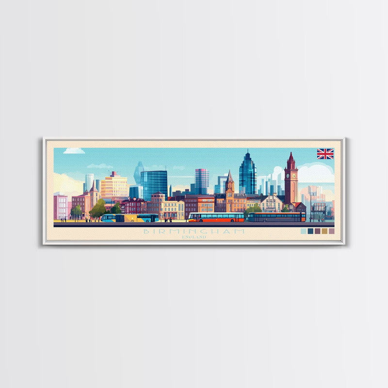 Birmingham, England Travel Poster Panoramic Canvas Print, Birmingham, England Painting, England Art, Birmingham Travel Art, Guest Room Painting