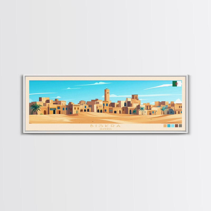 Biskra, Algeria Panoramic Travel Poster Canvas Print, Biskra, Algeria Painting, Algeria Art, Biskra Travel Art, Guest Room Painting