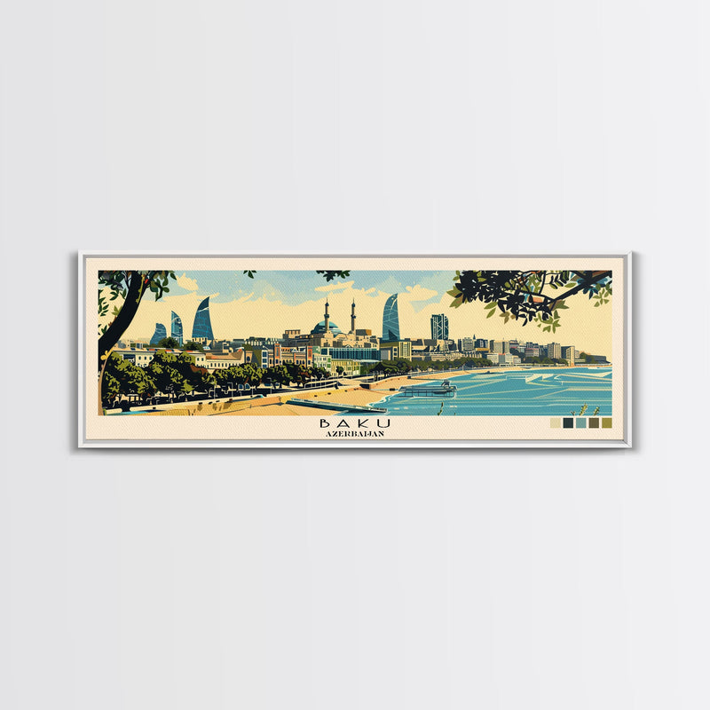 Baku, Azerbaijan Panoramic Canvas Print, Baku, Azerbaijan Painting, Azerbaijan Art, Baku Travel Poster, Travel Art, Living Room Painting