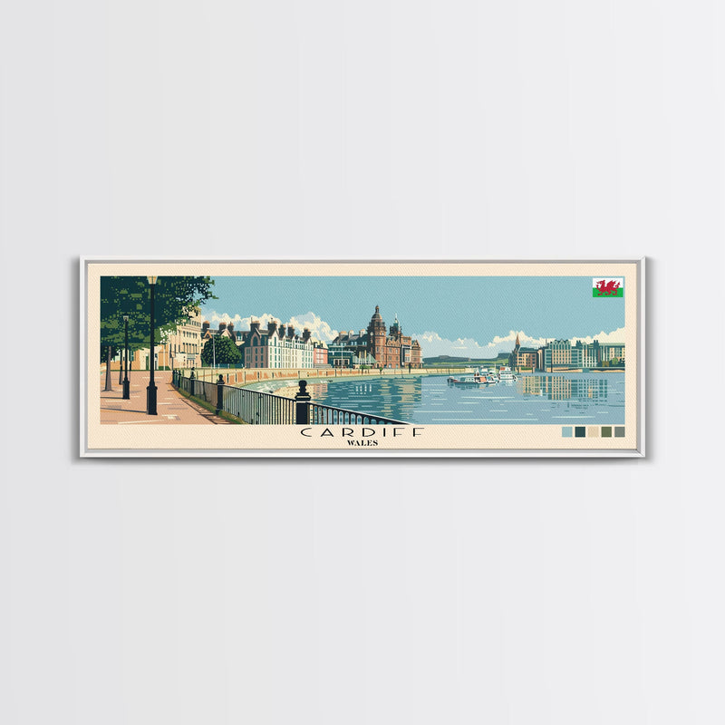 Cardiff, Wales Panoramic Canvas Print, Cardiff, Wales Painting, Wales Art, Cardiff Travel Poster, Travel Art, Guest Room Painting