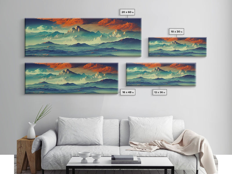 Beautiful Fantasy Mountain Landscape With Orange Clouds, Framed Canvas Print, Ready To Hang Panoramic Wall Decorr