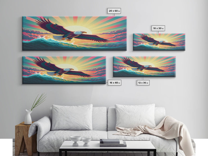 American Bald Eagle, Panoramic Wall Art, Framed Canvas, Retro Style Eagle Painting, Synthwave Ocean Sunset Art