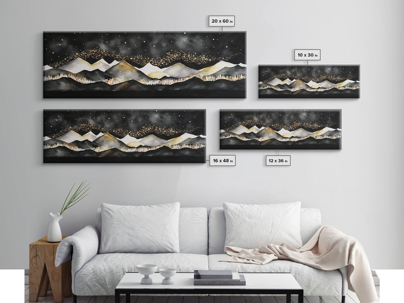 Black & Gold Mountain Landscape Painting, Framed Canvas Print, Panoramic Art, Extra Wide Art, Center Piece Decor, Above Fireplace or Sofa