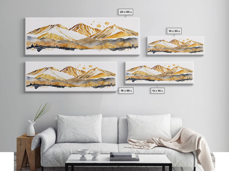 White & Gold Mountain Landscape Painting, Framed Canvas Print, Panoramic Art, Extra Wide Art, Center Piece Decor, Above Fireplace or Sofa