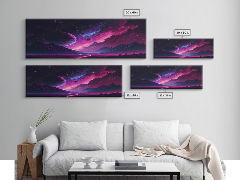 Beautiful Science Fiction Wall Art, Synthwave Style Scifi Art, Framed Canvas Print, Panoramic Alien Worlds and Star Filled Night Sky