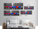 Pink Red Blue Purple Colored Umbrellas, People Walking On Street, City Art, Urban Canvas Art Print, Panoramic, Wall Art, Canvas Print