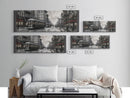 Streetcars In The City Canvas Print, Vintage Art, People On Sidewalk, City Art, Large Urban Art Print, Panoramic, Wall Art, Canvas Print
