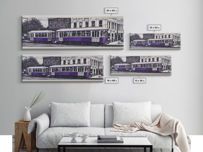 Purple Streetcar Art Print, Urban Art, Wall Decor, Color Pop, Wall Decor, Urban Framed Canvas Print, Panoramic, Wall Art, Canvas Print
