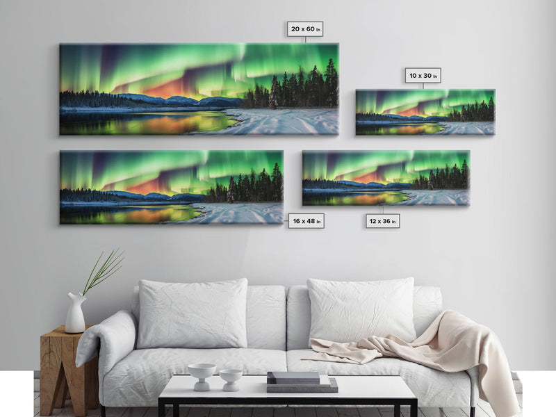 Aurora Borealis, Northern Lights Panoramic Framed Canvas Print, Beautiful Winter Wonderland Landscape Painting